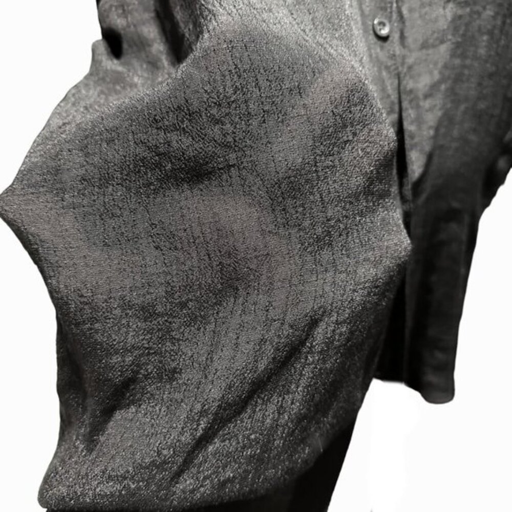 Mandarin Collar Sheer Button Down Long Sleeve Shirt Black - Picture 4 of 5